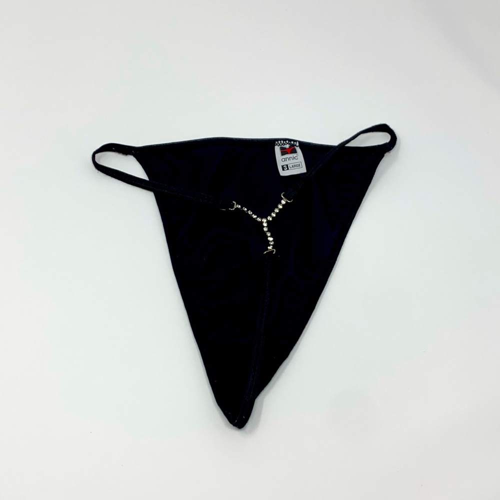 Vintage Black Satin Thong With Rhinestone Detail